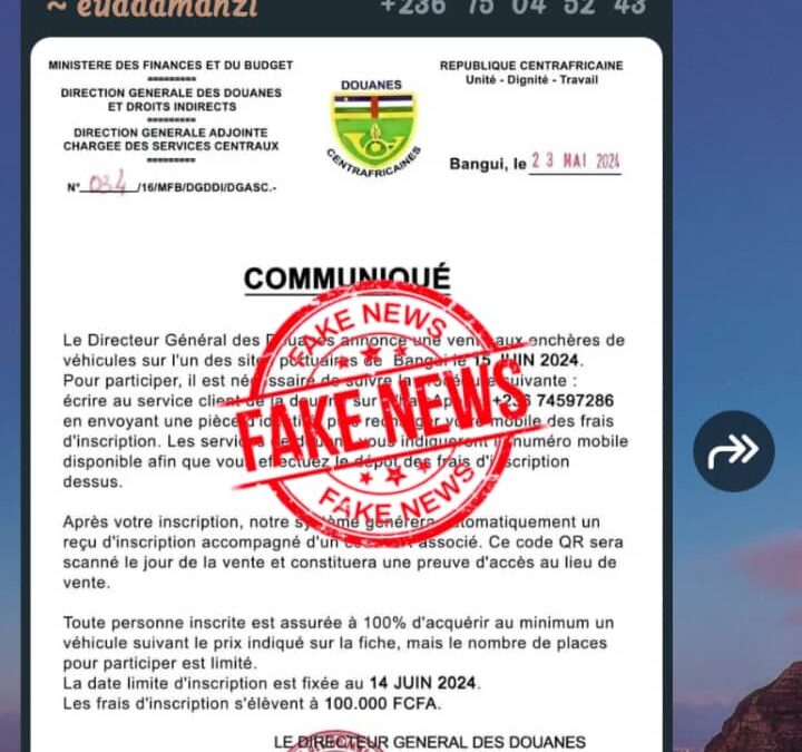 Faux, La Direction Générale des  Douanes et des Droits Indirects n’a pas annoncé une vente aux enchères des véhicules