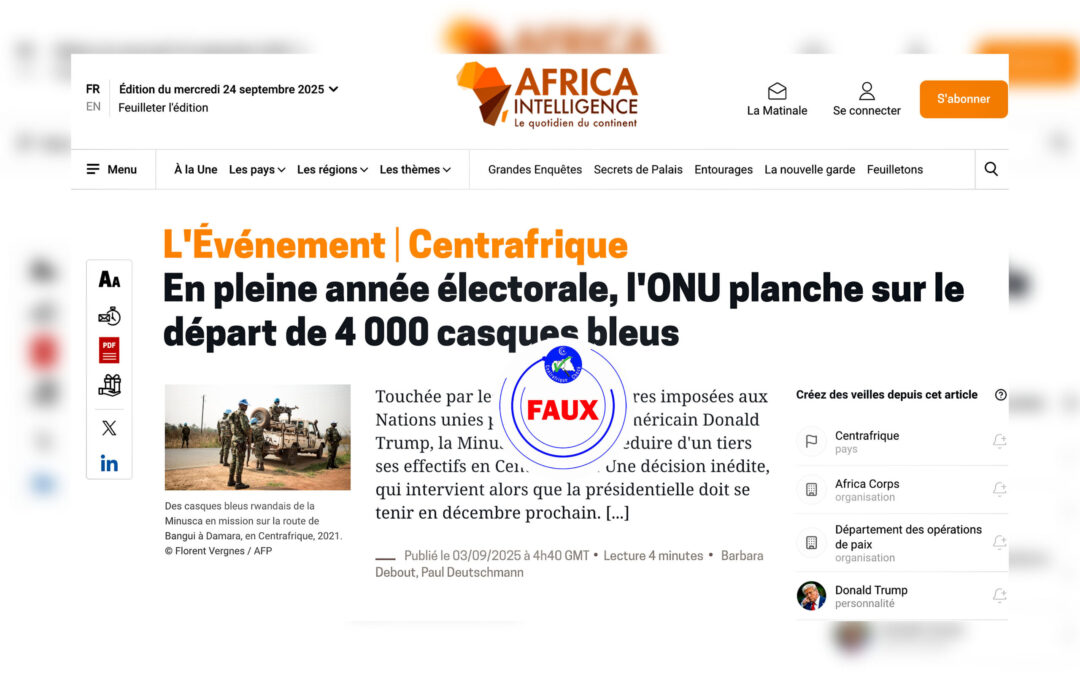 Faux : l’ONU n’a pas retiré 4 000 casques bleus de Centrafrique