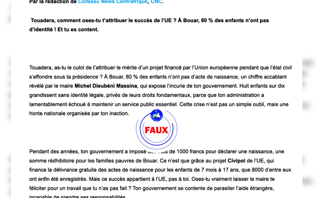 Faux : 80 % des enfants à  Bouar ne sont pas sans acte de naissance